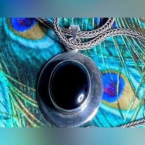 Large Sterling Silver Vintage Onyx Pendant  ATI MEXICO Thick Heavy Silver Chain